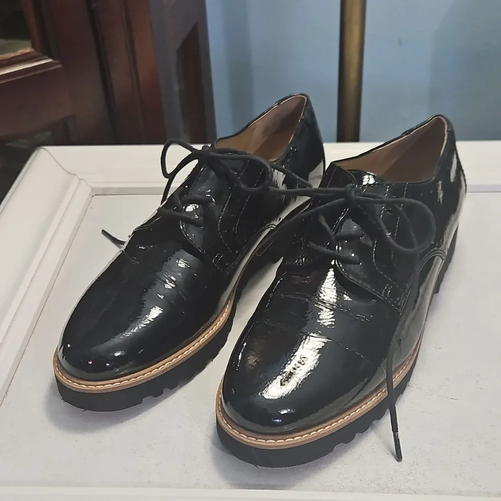 Franco Sarto Charles Black Patent Leather Lug Sole Oxford Shoes Size 6.5M